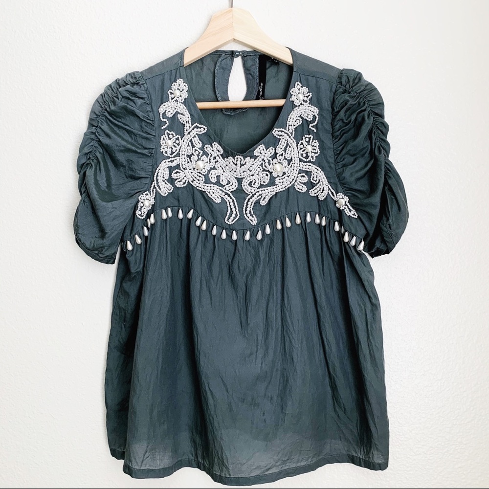 Aryn K. Babydoll Pearl Beaded Top Ruched Sleeve